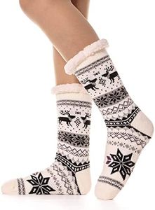 EBMORE Women Slipper Fuzzy Socks Fluffy Cozy Cabin Warm Winter Soft Thick Comfy Fleece Christmas Anti Slip Home Stocking Stuffer(Snowflake-White)