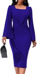 Elegant Dresses for Women Sexy Church Long Ruffles Sleeve Business Pencil Vintage Peplum Dress Wear to Work, Blue Cape Dress, Large