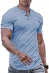 JMIERR Mens Muscle Slim Fit Button Henley Shirts Summer Crewneck Short Sleeve Longline Fitted T-Shirt Gym Workout Athletic Tee Shirt for Men, XL, Beau Blue