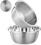 POPGRADE 304 Stainless Steel Colander Rice Washing Bowl Set, 2-QT Colanders & Food Strainers, Rice Strainer Washer Fruit Cleaner Bowl, Vegetable Fruit Washing Colander with Salad Mixing Bowl (2pcs)