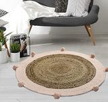 Sashaa World Round Jute Rug with Pompom Edging Handmade Cotton Rug for Room, Kitchen, Living Room, Dining & Bedroom(100 cms, Natural/Pink)