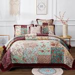 DaDa Bedding Bohemian Patchwork Bedspread - Burgundy Wine Velvety Trim Floral Paisley - Bright Vibrant Multi-Colorful Quilted Set - King - 3-Pieces