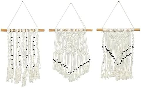 The Novogratz Cotton Fabric Macrame Handmade Home Wall Decor Intricately Weaved Wall Sculpture with Beaded Fringe Tassels, Set of 3 Wall Art 14"W, 26"H, Cream