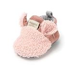 FAMI Infant Baby Cozy Fleece Slippers with Non Skid Bottom Newborn Boys Girls Winter Warm Socks Booties Stay On Crib House Shoes -Pink