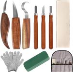 10Pcs Wood Carving Tools, Whittling Kit for Beginners, Walnut Handle Hand Carving Chisel Knife Set with 6 Carving Cutters Cut Resistant Gloves, Wood Carving Gouges for Engraving Carpenter Woodworking