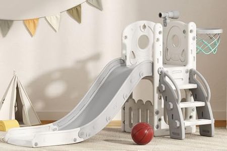 Glaf Toddler Slide 7 in 1 Kids Slides Outdoor Playset Indoor Playground for Backyard Baby Climber with Telescope Basketball Hoop and Ball Storage Space for Age 1+ Years (Grey)
