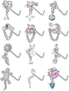 Tornito 12Pcs Dangle Nose Rings Stud L Shaped Nose Studs Flower Heart Arrow Feather Snake Gecko Snowflake Wing CZ Dangling Nose Piercing Jewelry for Women Men Silver Tone