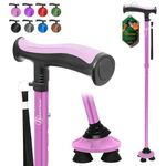 BeneCane Walking Cane for Men & Women Walking Stick for Seniors Folding Canes Quad Cane Adjustable Lightweight Sturdy Free Standing Collapsible Heavy Duty with Soft TPR T-Handle and Travel Bag Pink