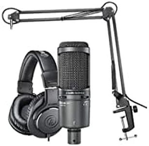 Audio-Technica AT2020USB+PK Vocal Microphone Pack for Streaming/Podcasting, Includes USB Mic w/Built-in Headphone Jack & Volume Control, Boom Arm, & Headphones