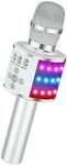 BONAOK Wireless Bluetooth Karaoke Microphone with Controllable LED Lights, 4-in-1 Portable Handheld Mic Speaker for All Smartphones, Birthday for Kids Adults All Age Q78 (Silver)