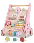Wooden Baby Walker with Wheels, Push Along Walker Montessori Toys for 1 2 Year Olds, Multiple Walking Activity Center Gifts for Boys Girls, Safe First Step Walker with Storage for Age 12 Months+