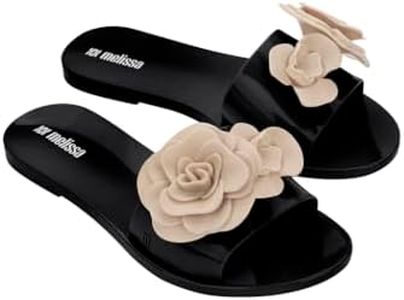 Melissa Babe Petals Slip-On Jelly Slides for Women, Black/Beige,8