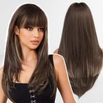 WOKESTAR Brown Wigs for Women Layered Straight Long Wig with Fringe