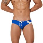 PANTEASY Menswear Stylish Sexy Dog Printed Design Stretchable Nylon Spandex Swimwear Frenchie Briefs (S, Blue)