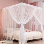 White Mosquito Net for King Size Bed 4 Corner Post Bed Hanging Canopy Over Bed for Anti-Insect Mosquito Net for Double Bed Outdoor or Indoor, Bedroom, Travel, Camping