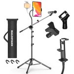 Microphone Stand with IPAD Clip, Floor Foldable Mic Stand with Phone Clip,Heavy Duty Tripod Boom Arm with 2 Mic Clips and Carrying Bag for Singing Karaoke Stage