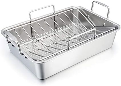 TeamFar Roasting Pan, 15 Inch Large Turkey Roaster Lasagna Pan with V Rack & Cooling Rack Set Stainless Steel for Thanksgiving Christmas, Healthy & Heavy Duty, Deep Side & Dishwasher Safe - 3 PCS