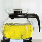 Borosil 1.5 L Carafe with Strainer and Black Lid | Borosilicate Glass Flame Proof Glass Kettle | Microwave, Dishwasher and Oven Safe | Glass Teapot Perfect for Tea/Coffee Brewing | Transparent