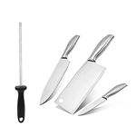 AMORDIV Set of 4 German Stainless Steel Meat Cleaver Butcher, Chef, Paring Knife Combo with Sharpener | Professional Chopping, Cutting Sharp Blade | for Home, Kitchen, Restaurant & Gifting