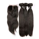 BLISSHAIR Straight Hair Bundles with Closure,Straight 3 Human Hair Bundles with 4x4 Lace Closure 100% Brazilian Virgin Hair Human Hair Extensions Natural Black(10 10 10+8)