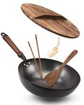 BIELMEIER Wok Pan 12.5", Woks and Stir Fry Pans with lid, Carbon Steel Wok with Cookware Accessories, Wok with Lid Suits for all Stoves(Flat Bottom Wok)