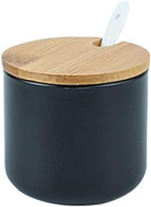 RockTrend Simple Pure Color Ceramic Spice Jar Seasoning Box Condiment Pot Sugar Bowl with Bamboo Lid and Spoon