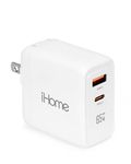 iHome 65W GaN Charger: Dual Port Universal Laptop Charger with USB-C Power Delivery Port and USB-A Port, Compact & Portable Wall Charger