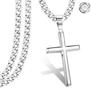 YADOCA Croix Chretienne Homme Collier Pendentif Croix en Argent Sterling 925 Collier Croix Chaîne Cubaine Coupe Diamant en Acier Inoxydable (avec Boîte Cadeau) 61cm