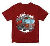 WALLABY KIDS Boys & Girls Fireman's Fire Engine Truck Vehicle Transport Theme 100% Cotton Unisex Kids T-Shirt (Maroon; 5-6 Years)