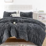 Smoofy Faux Fur Comforter Set Queen Size 3Pcs Dark Grey Fluffy Fuzzy Plush Comforter Set Cute Soft Shaggy Velvet Double-Sided Bedding Set (1 Faux Fur Comforter + 2 Faux Fur Pillowcases)