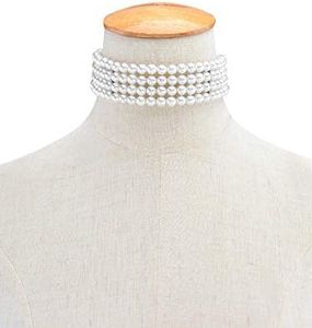 JKJF Collier de perles simulées à 4 rangées de perles - Collier ras du cou multicouche - Élégant et tendance - Collier de perles courtes rétro - Accessoire de costume pour femme et fille, Perle, Perle