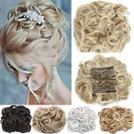 Short Messy Curly Dish Hair Bun Extension Easy Stretch hair Combs Clip in Ponytail Extension Scrunchie Chignon Tray Ponytail Hairpieces Ash Blonde mix Bleach Blonde