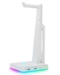 IFYOO RGB Gaming Headset Stand with 2 USB Ports, Game Headphone Mount for PC, Xbox One, PS4, Switch, Earphone Holder Hanger, Great for Gaming Stations, Fancy Desk Gamer Accessories, White