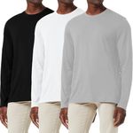 3 Pack Men's Cotton Shirt Loose Fit Long Sleeve T-Shirt Moisture Wicking Crew Neck Shirts Comfort Casual Base Layer Tops Black/White/Gray-3P01-L