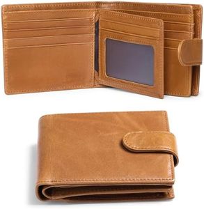 GOIACII Mens Wallet Large Capacity Genuine Leather RFID Blocking Bifold Wallets for Men with ID Window and 15 Card Slots, Khaki