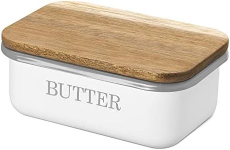 Navaris Burriera in Metallo con Tappo Acacia - Scatola Portaburro per Conservazione Burro Formaggio Latticini Alimenti Frigorifero - Microwave Safe