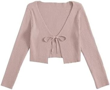 Floerns Women's Tie Front Long Sleeve Rib Knit Shrug Sweaters Cardigan Crop Top Dusty Pink S