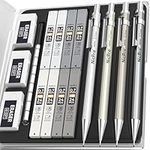 Nicpro 4PCS 0.7 mm Metal Mechanical Pencils Set, Lead Drafting Pencil for Artist Writing, Sketching, Drawing, with 8 Tubes HB Lead Refills & 3PCS 4B Erasers, 9PCS Erasers Refills | Come with Case