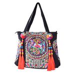 Canavas Shoulder Handbags for Women,Ladies Ethnic Travel Bohemian Bags Tote with Bling Sequins Phoenix Embroidered, Multicoloured, L