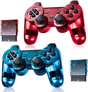 Burcica Wireless Controller for PS2 Play 2 Dual Vibration - ClearBlue and ClearRed