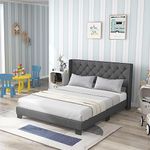 Giantex Queen Bed Frame with Button Tufted Headboard, Modern Fabric Upholstered Platform Bed with Wingback Design, Solid Wooden Slats Support Mattress Foundation, No Box Spring Needed, Grey