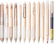 Christmas Stocking Stuffer for Girls, Beige Gel Pen Set Pack of 12,Cute 0.5 mm Fine Tip Retractable Black Ink Pens with 1Pack Dual-Tip Highlighter for Writing, School Office Supplies (Beige)