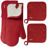 KLEX 4-Piece Set, 15" Silicone Oven Mitts with Comfortable Fleece Quilted Cotton Lining 932F Degrees Heat Resistance and Potholders for Cooking, Baking and Grilling, Red