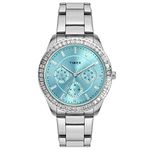 TIMEX E-Class Premium-Sport Collection Women Analog Blue Dial Coloured Quartz Watch, Round Dial with 36 mm Case Width - TWEL16800 Stainless Steel, Silver Strap