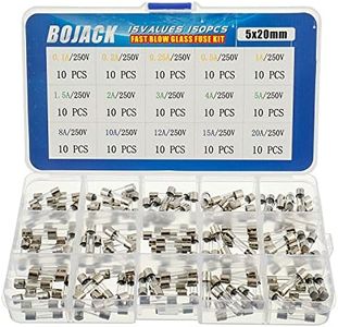 BOJACK 15 Values 150 pcs Fast blow Glass Fuses Assortment Kit 5x20 mm 250 V 0.1 0.2 0.25 0.5 1 1.5 2 3 4 5 8 10 12 15 20 A packag in a clear plastic box