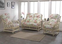 Desser Morley Cane Conservatory Furniture Set – 2 Seater Sofa & 2x Armchairs – Indoor Rattan Pole Chair & Settee Suite with UK Manufactured Cushions – Premium Blossom Fabric