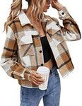 Yeokou Women's Fashion Cropped Flannel Wool Blend Plaid Shacket Long Sleeve Button Down Jackets Coat (Brown, Medium)