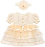 Baby Girl Newborn Puff Short Sleeve Unique Tutu Skirt Dress, Baby Girl Princess Dress with Flower Headband Beige 0-3 Months