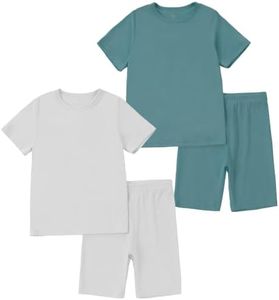 MICHLEY Bamboo Viscose Toddler Pajamas 5-6Y - Soft Rayon Bamboo Viscose Sleepwear Short Sleeve PJS Set, 4-Piece Top & Shorts Casual Outfit GreenGrey