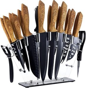 TARODEA All in one Kitchen Knife Set with Block, 19 PCS High Carbon Stainless Steel Sharp Serrated Steak Knives Set, Chef Knives, Bread Knife, Scissor, Sharpener, Peeler (Brown)